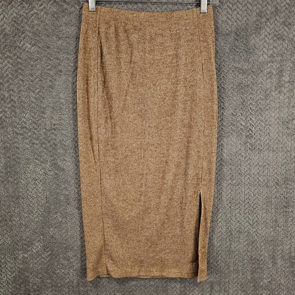 Womens Ribbed Knit Academia Midi Skirt Camel Brown Side Slit Size Medium